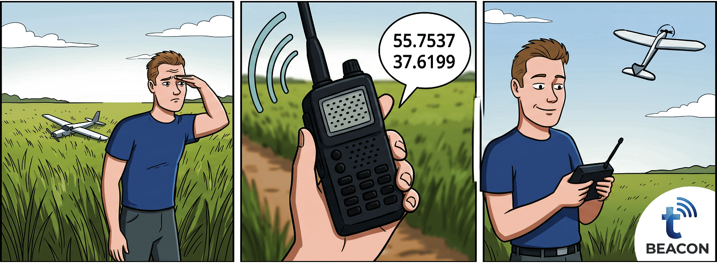 The beacon speaks its GPS coordinates over a regular handheld radio