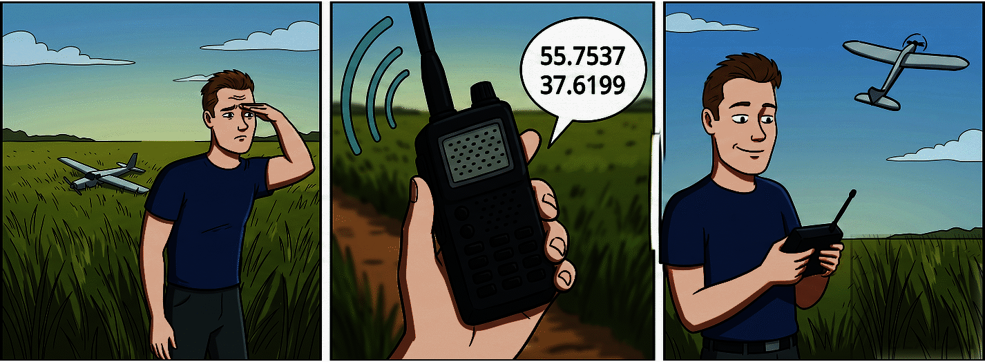 The beacon speaks its GPS coordinates over a regular handheld radio