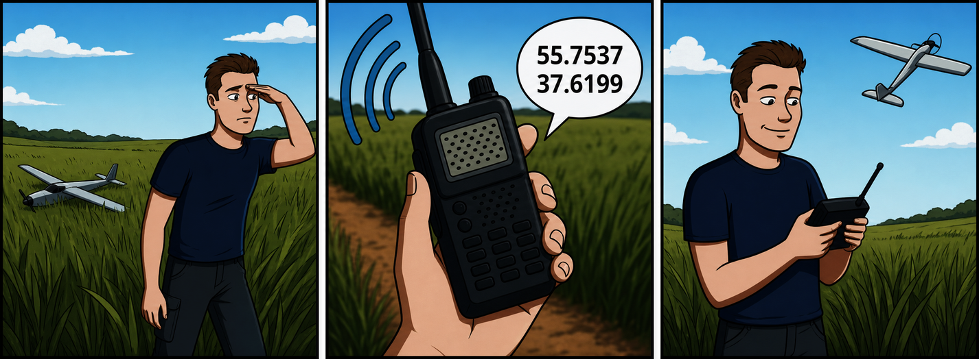 The beacon speaks its GPS coordinates over a regular handheld radio